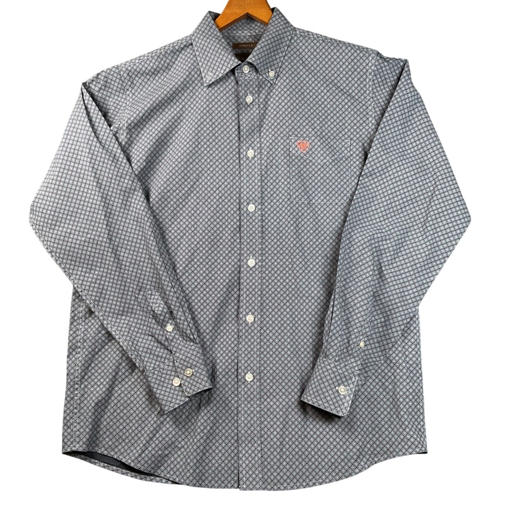 Ariat Button Down Shirt Boys XL 18 Blue Geometric Stretch Excellent Long Sleeve
